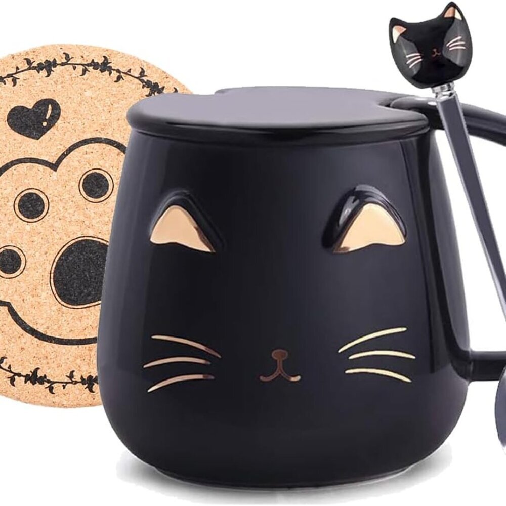 Pink Ceramic Coffee mug Cute Cat Handmade Tea Cups with Stainless Steel Spoon Ki